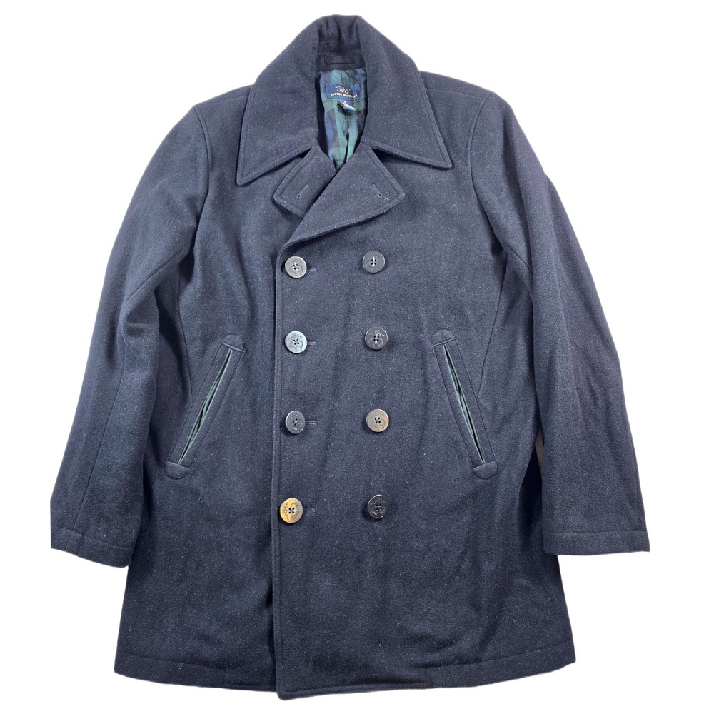 Brooks Brothers Pea Coat Mens Medium Navy Blue Wool Plaid Lining 346 Peacoat